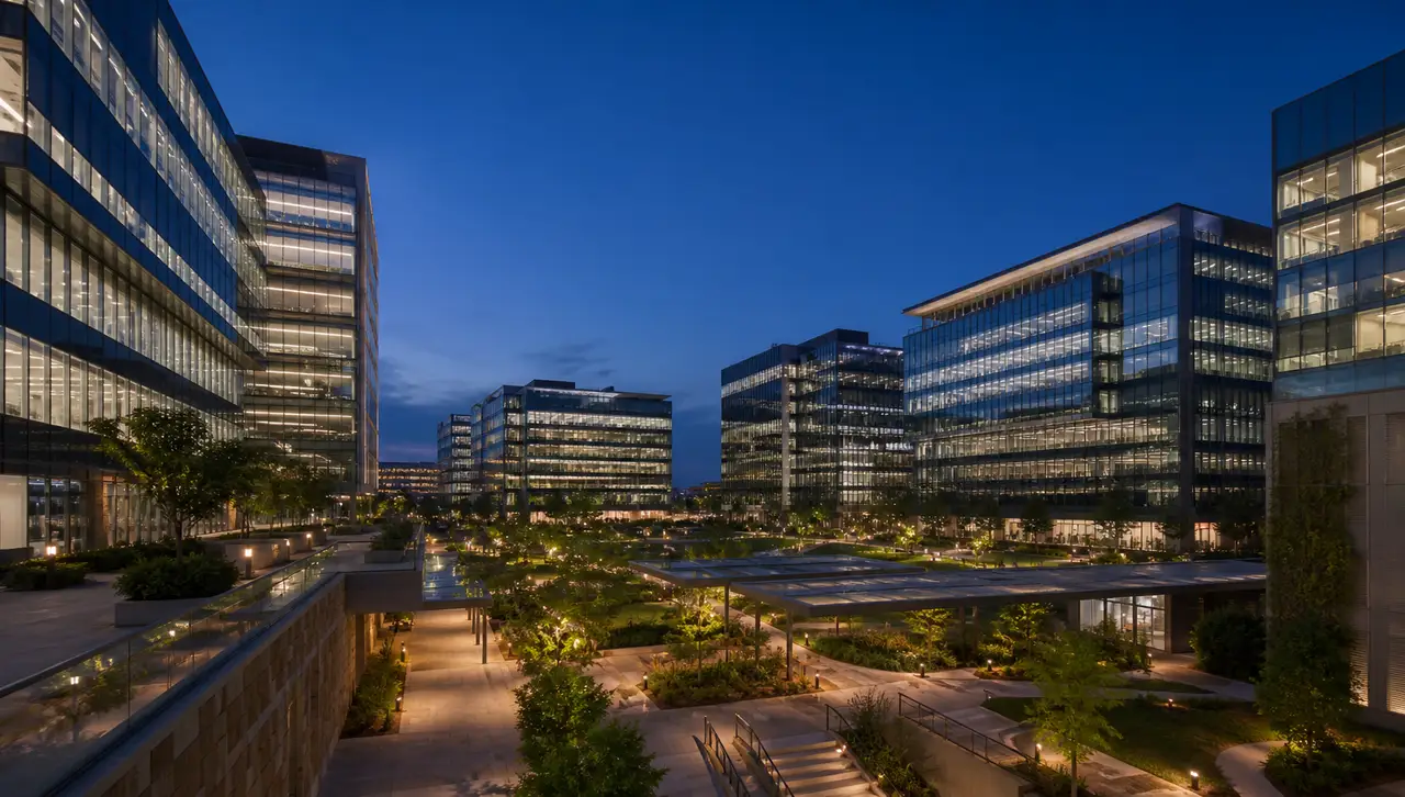 Commercial campus with illuminated offices and landscaped paths at evening